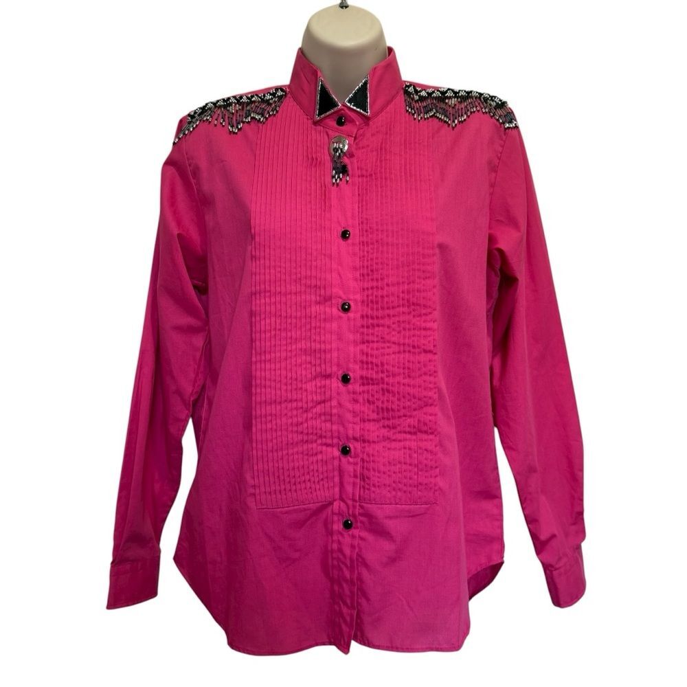 Vintage 80s Wrangler Beaded Fringe Western Tuxedo Shirt Rodeo Cowgirl Pink Sz M